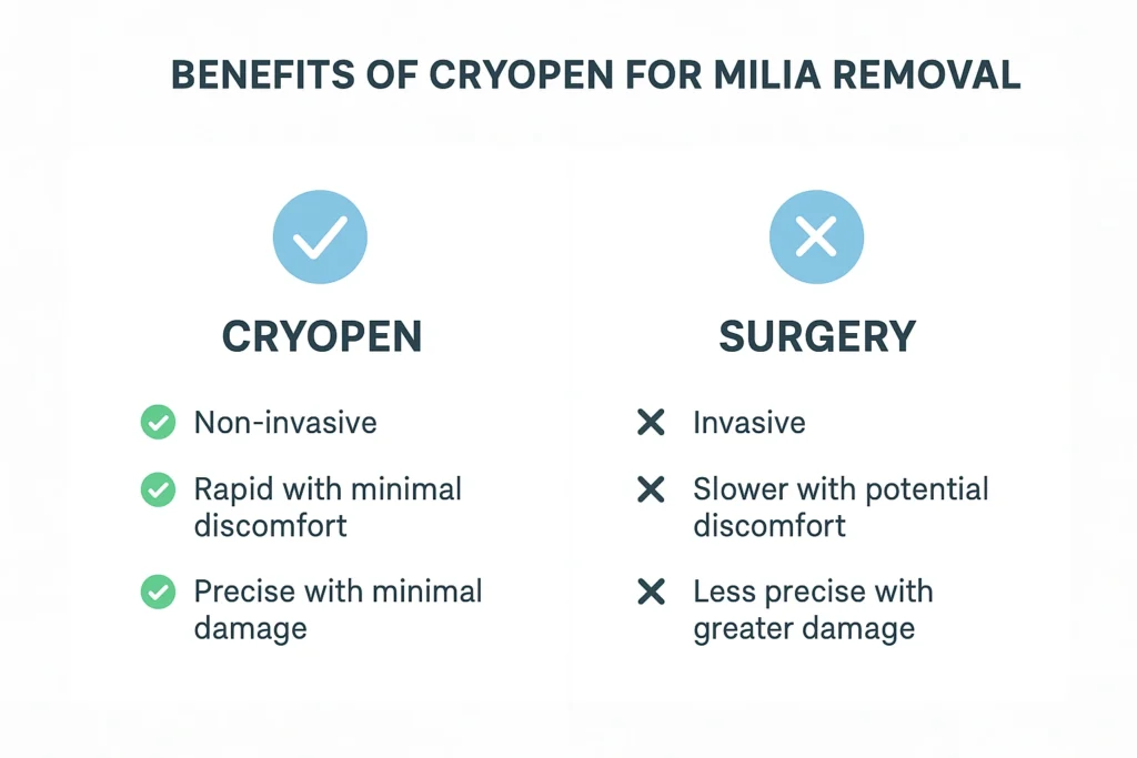 Benefits of cryopen for milia removal Burgess Hill compared to surgical treatments.