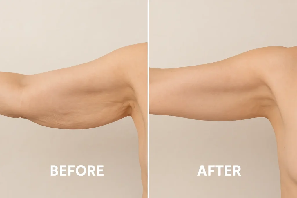 Picture of LA LIPO Burgess Hill before and after results of skin tightening treatment on the upper arms.