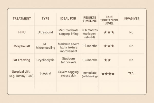 Table showing the comparisons of Skin tightening Burgess Hill treatment options. 